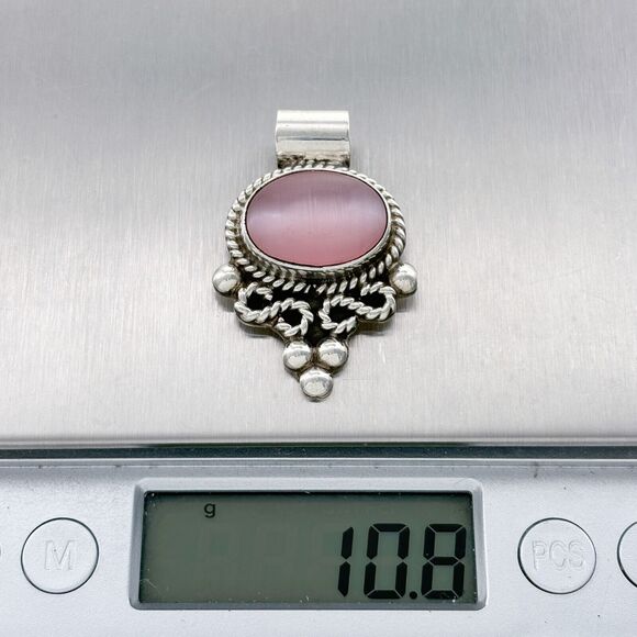 Estate Sterling Silver 925 Pink Cat's Eye Pendant - Picture 5 of 5